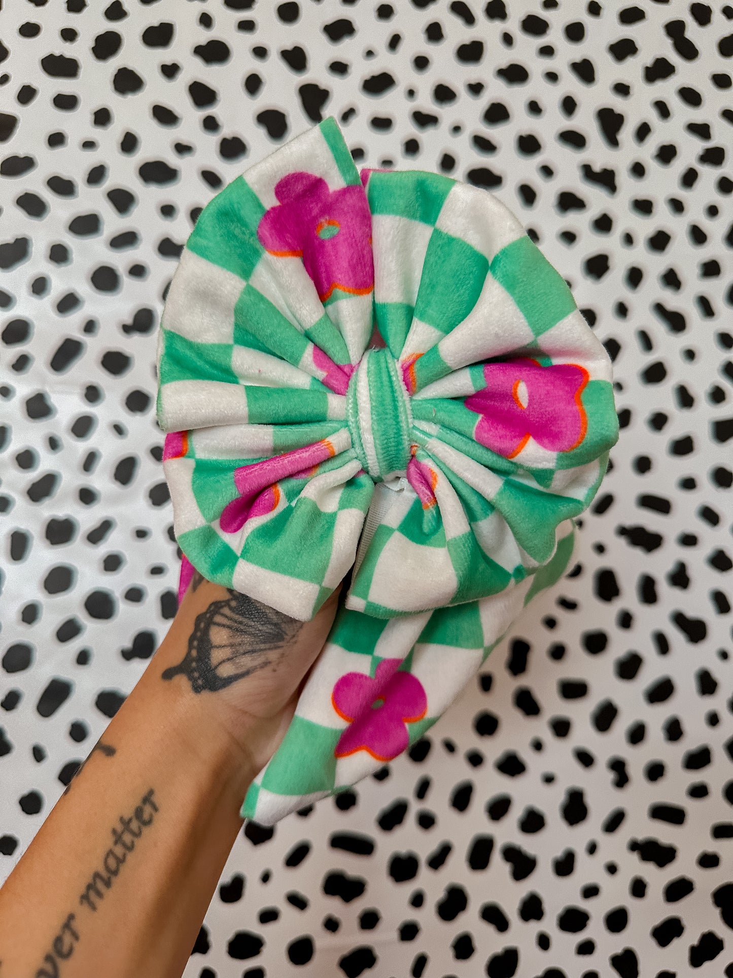 green check flower velvet bows